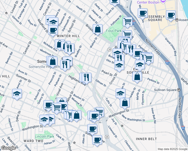 map of restaurants, bars, coffee shops, grocery stores, and more near 30 Aldrich Street in Somerville