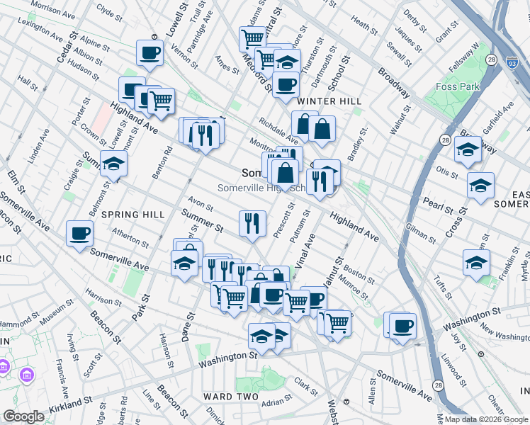 map of restaurants, bars, coffee shops, grocery stores, and more near 90 School Street in Somerville
