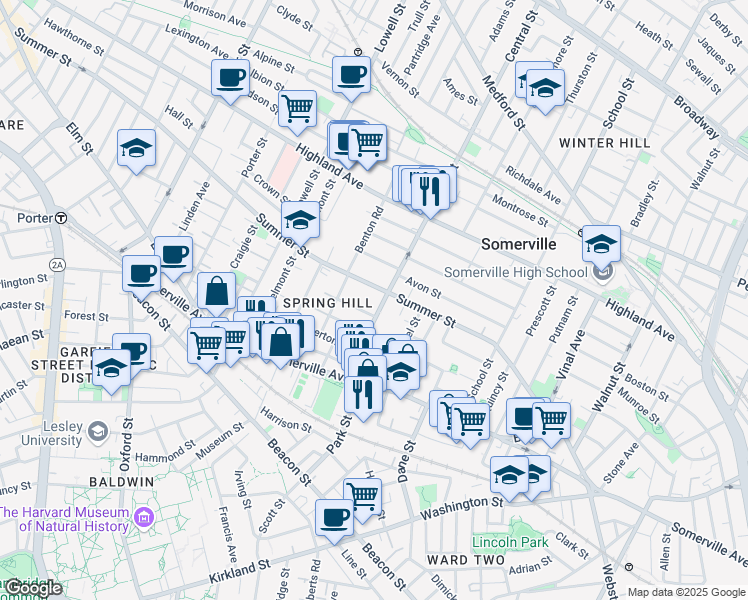 map of restaurants, bars, coffee shops, grocery stores, and more near 9 Monmouth Street in Somerville