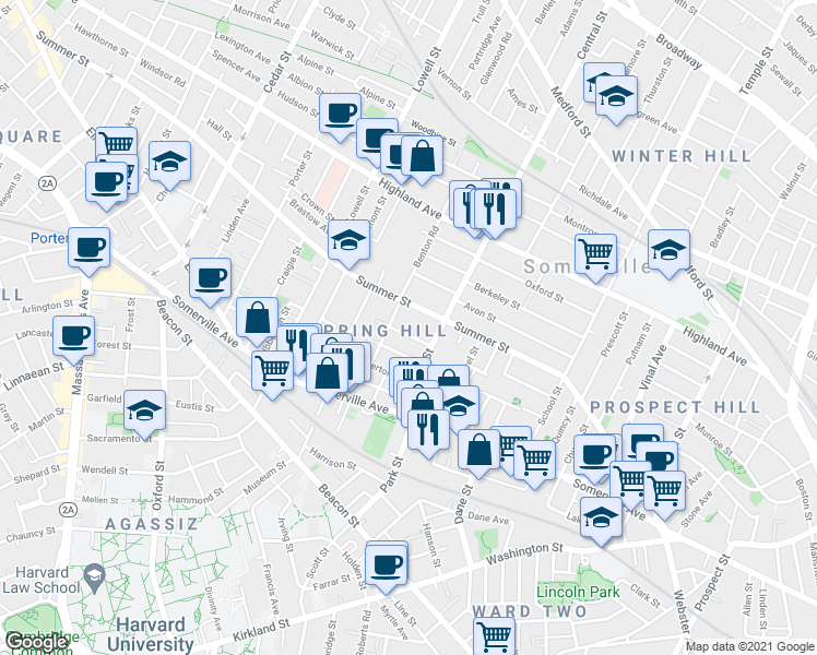 map of restaurants, bars, coffee shops, grocery stores, and more near 9 Monmouth Street in Somerville