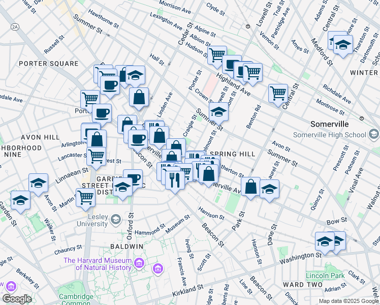 map of restaurants, bars, coffee shops, grocery stores, and more near 14 Ibbetson Street in Somerville