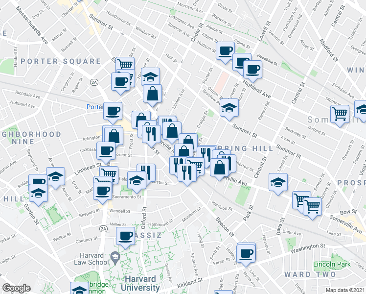 map of restaurants, bars, coffee shops, grocery stores, and more near 693 Somerville Avenue in Somerville
