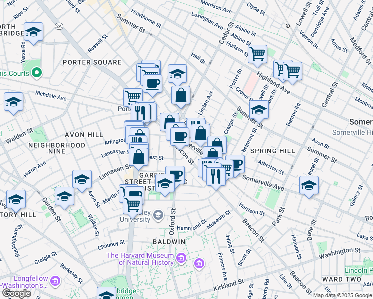 map of restaurants, bars, coffee shops, grocery stores, and more near 345 Beacon Street in Somerville
