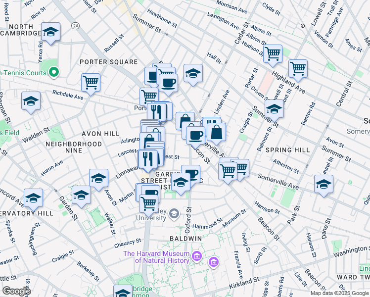 map of restaurants, bars, coffee shops, grocery stores, and more near 133 Oxford Street in Cambridge