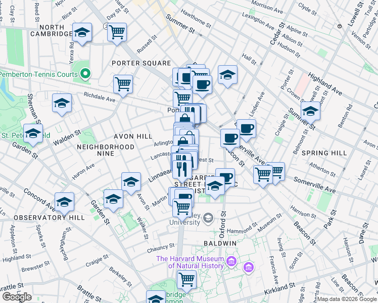 map of restaurants, bars, coffee shops, grocery stores, and more near 1768a Massachusetts Avenue in Cambridge