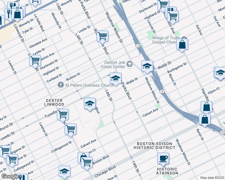 map of restaurants, bars, coffee shops, grocery stores, and more near 1981 Webb Street in Detroit