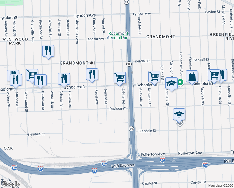 map of restaurants, bars, coffee shops, grocery stores, and more near 13575 Rosemont Avenue in Detroit