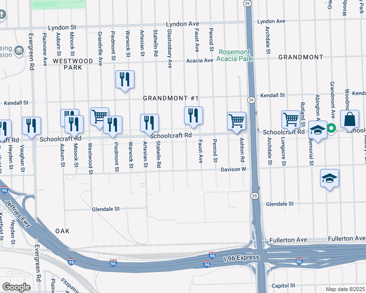 map of restaurants, bars, coffee shops, grocery stores, and more near 13590 Glastonbury Avenue in Detroit