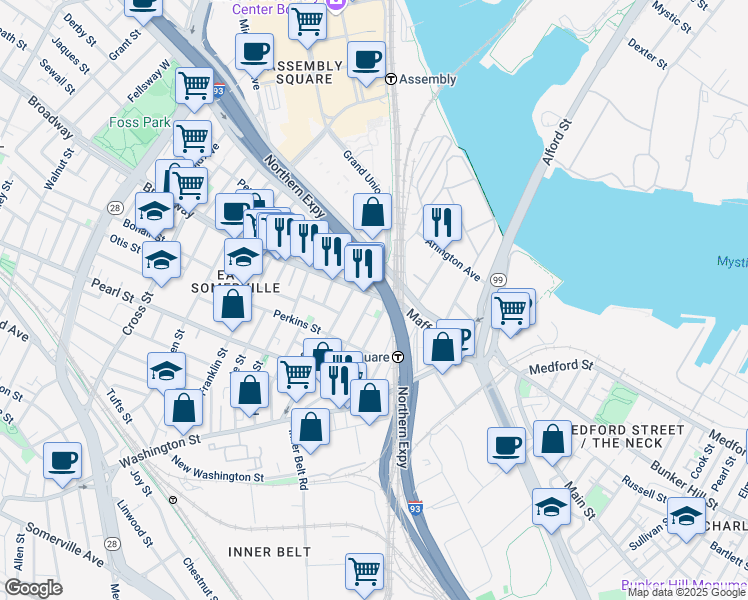 map of restaurants, bars, coffee shops, grocery stores, and more near 6 Mount Pleasant Street in Somerville