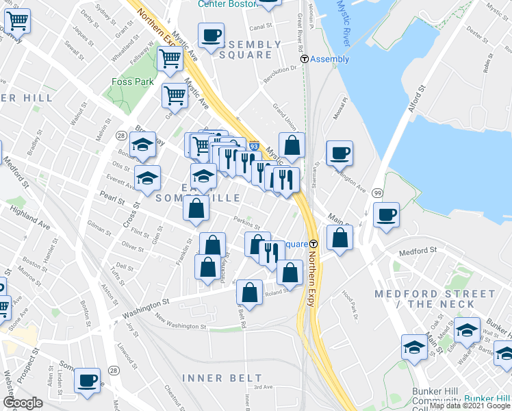 map of restaurants, bars, coffee shops, grocery stores, and more near 20 George Street in Somerville