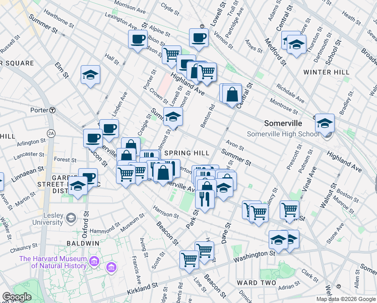 map of restaurants, bars, coffee shops, grocery stores, and more near 22 Harvard Street in Somerville