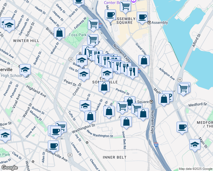 map of restaurants, bars, coffee shops, grocery stores, and more near 22 Franklin Street in Somerville