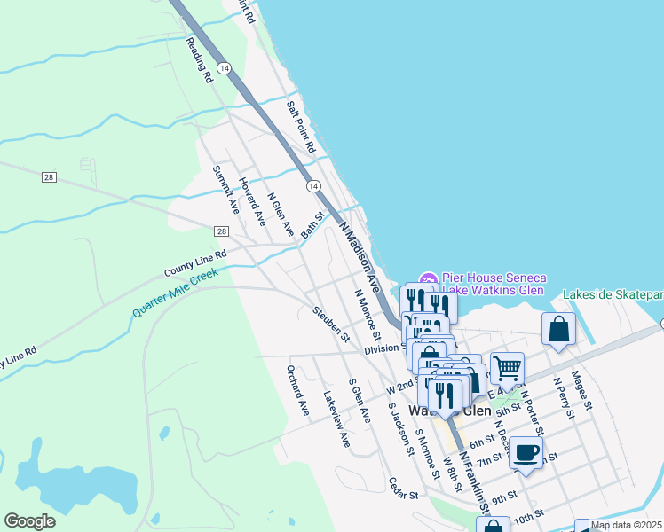map of restaurants, bars, coffee shops, grocery stores, and more near 302 North Jackson Street in Watkins Glen