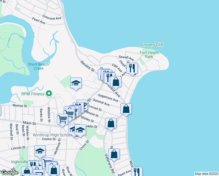 map of restaurants, bars, coffee shops, grocery stores, and more near 30 Hutchinson Street in Winthrop