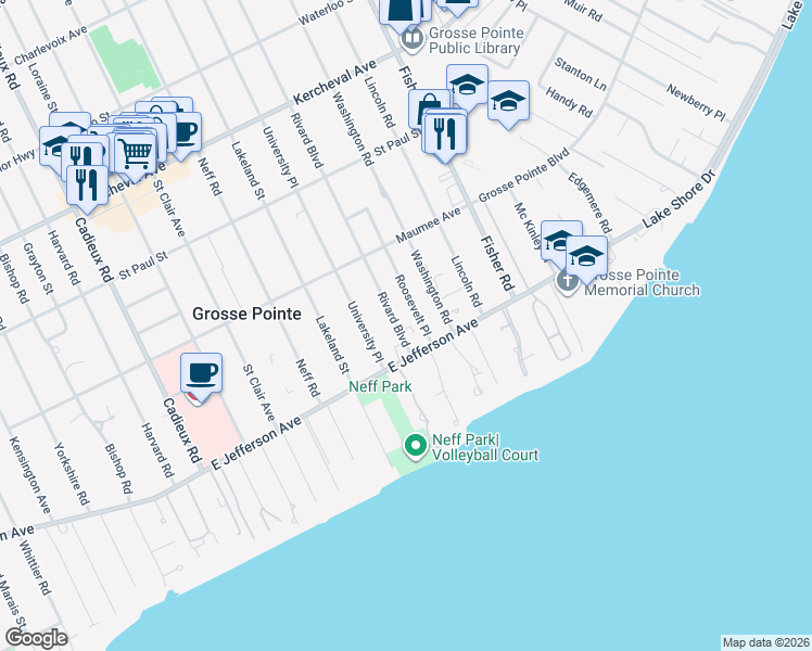 map of restaurants, bars, coffee shops, grocery stores, and more near 267 Roosevelt Place in Grosse Pointe