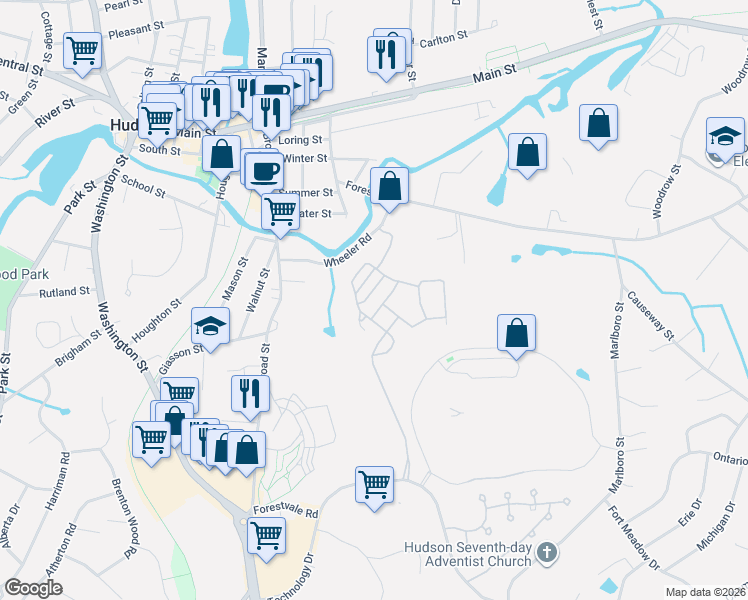 map of restaurants, bars, coffee shops, grocery stores, and more near 7 Townsend Road in Hudson