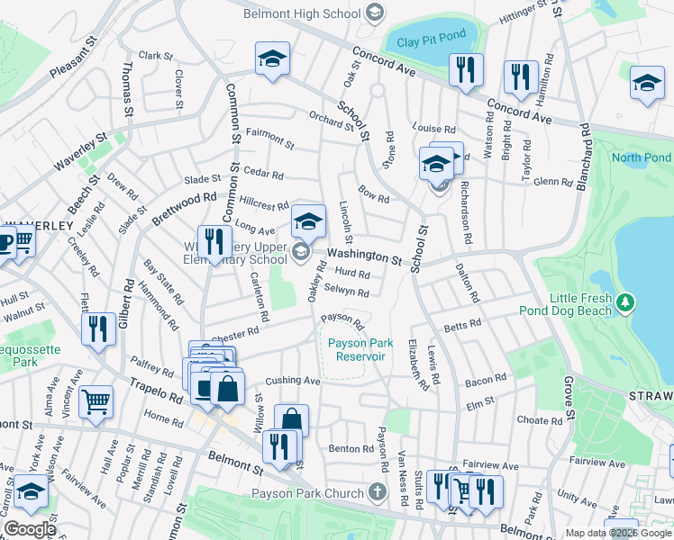 map of restaurants, bars, coffee shops, grocery stores, and more near 17 Hurd Road in Belmont