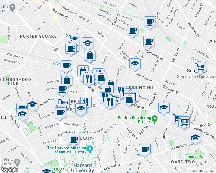 map of restaurants, bars, coffee shops, grocery stores, and more near 693 Somerville Avenue in Somerville