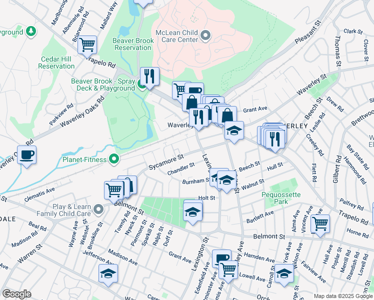 map of restaurants, bars, coffee shops, grocery stores, and more near 51 Davis Street in Belmont