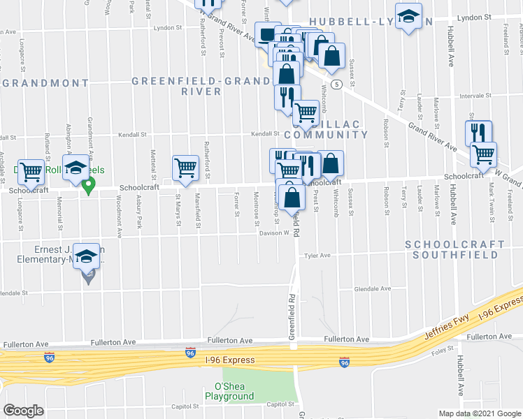 map of restaurants, bars, coffee shops, grocery stores, and more near 13574 Montrose Street in Detroit