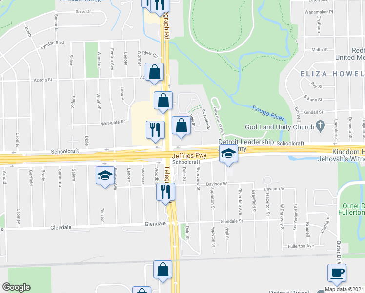 map of restaurants, bars, coffee shops, grocery stores, and more near 23840 Schoolcraft in Detroit