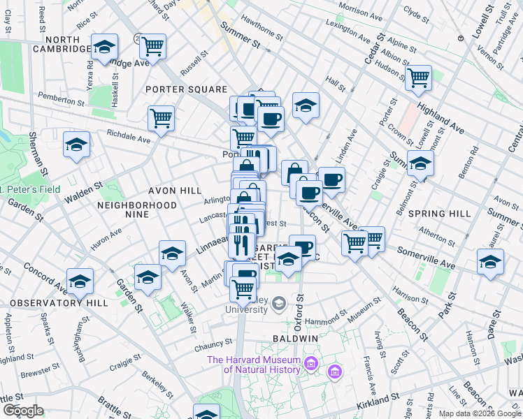 map of restaurants, bars, coffee shops, grocery stores, and more near 9 Forest Street in Cambridge