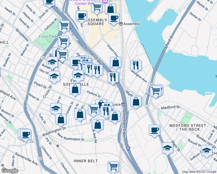map of restaurants, bars, coffee shops, grocery stores, and more near 16 Mount Vernon Street in Somerville
