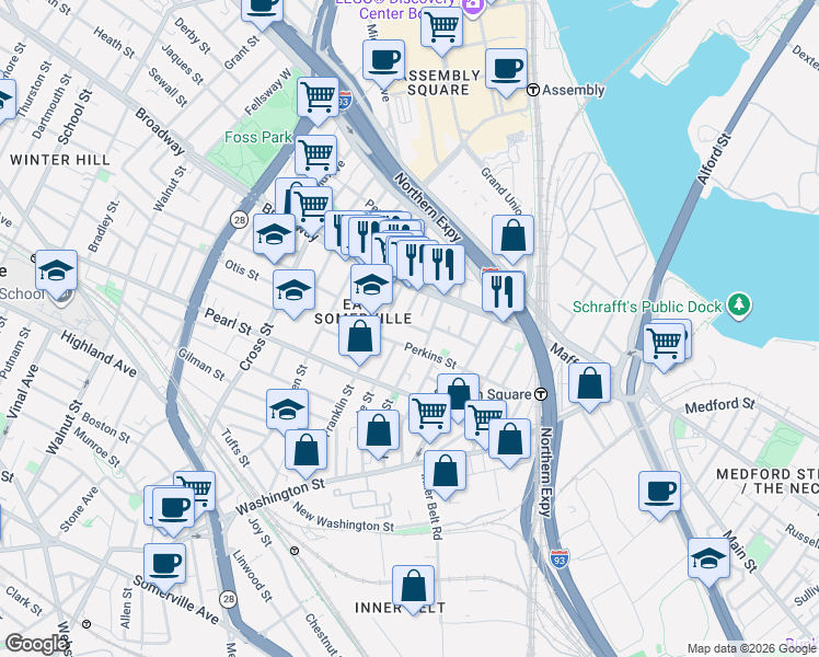 map of restaurants, bars, coffee shops, grocery stores, and more near 129 Perkins Street in Somerville