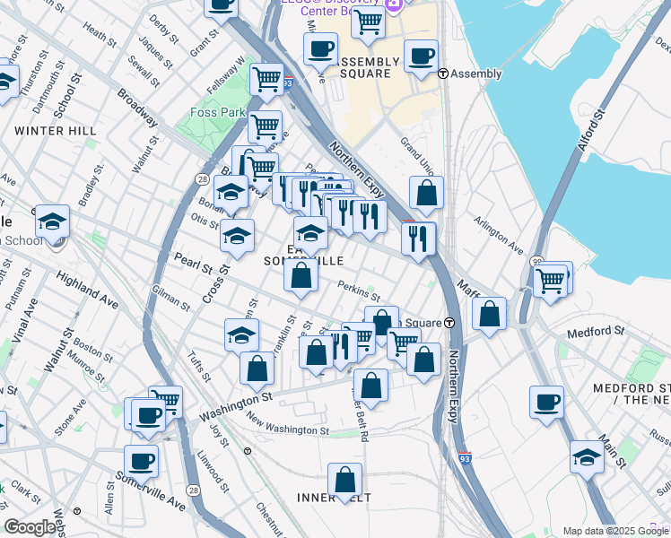 map of restaurants, bars, coffee shops, grocery stores, and more near 129 Perkins Street in Somerville