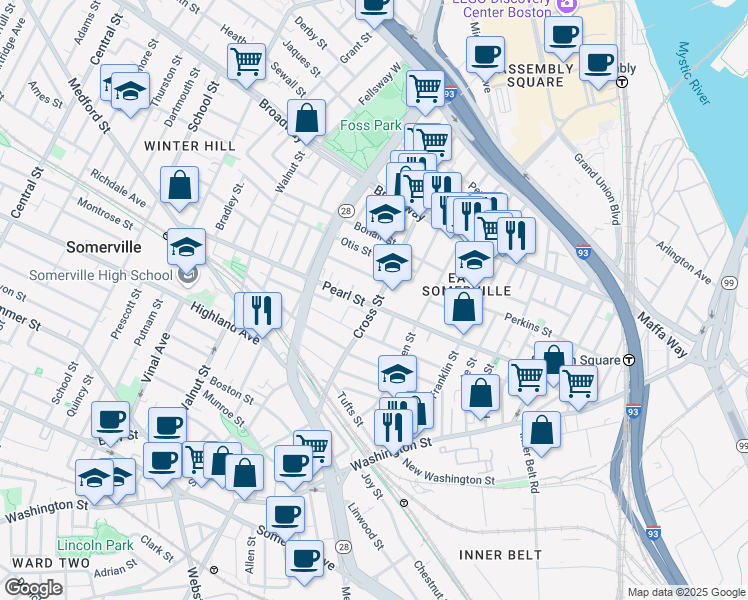 map of restaurants, bars, coffee shops, grocery stores, and more near 76B Cross Street in Somerville