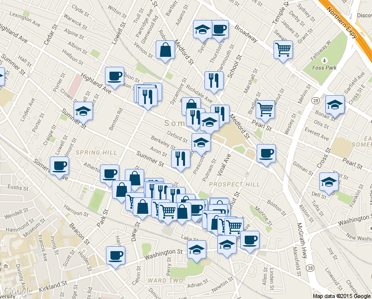 map of restaurants, bars, coffee shops, grocery stores, and more near 90 School Street in Somerville