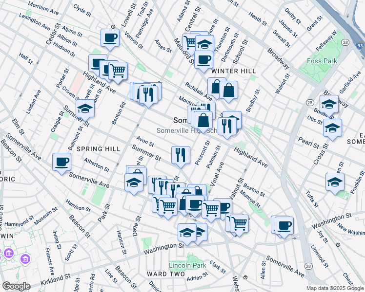 map of restaurants, bars, coffee shops, grocery stores, and more near 90 School Street in Somerville