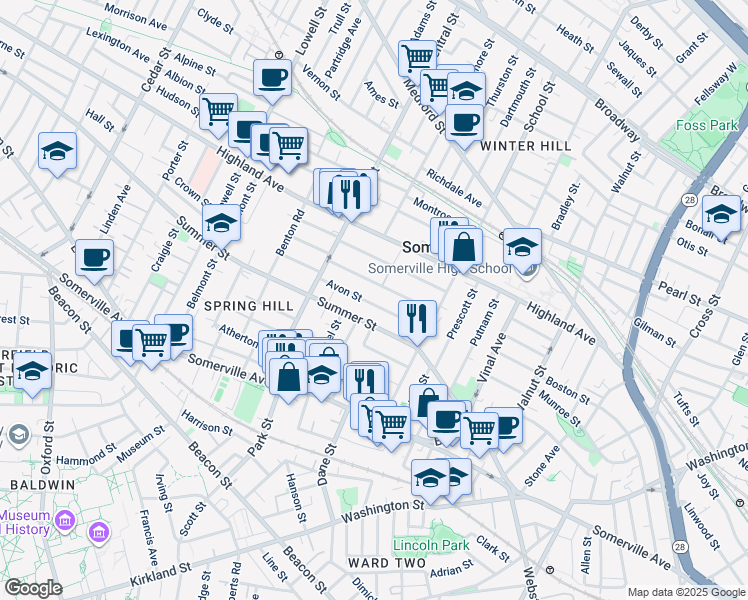 map of restaurants, bars, coffee shops, grocery stores, and more near in Somerville
