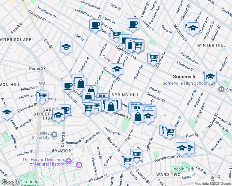 map of restaurants, bars, coffee shops, grocery stores, and more near 32 Spring Street in Somerville