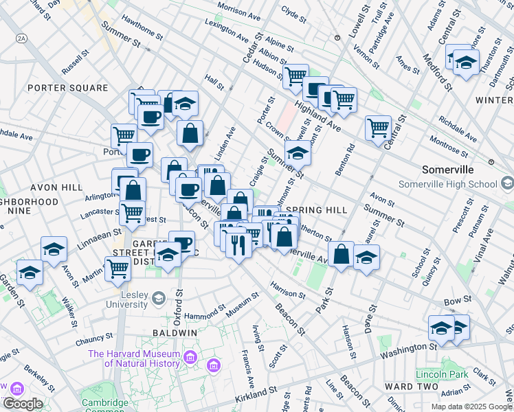 map of restaurants, bars, coffee shops, grocery stores, and more near 14 Ibbetson Street in Somerville