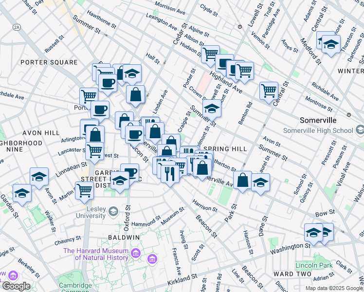 map of restaurants, bars, coffee shops, grocery stores, and more near 14 Ibbetson Street in Somerville