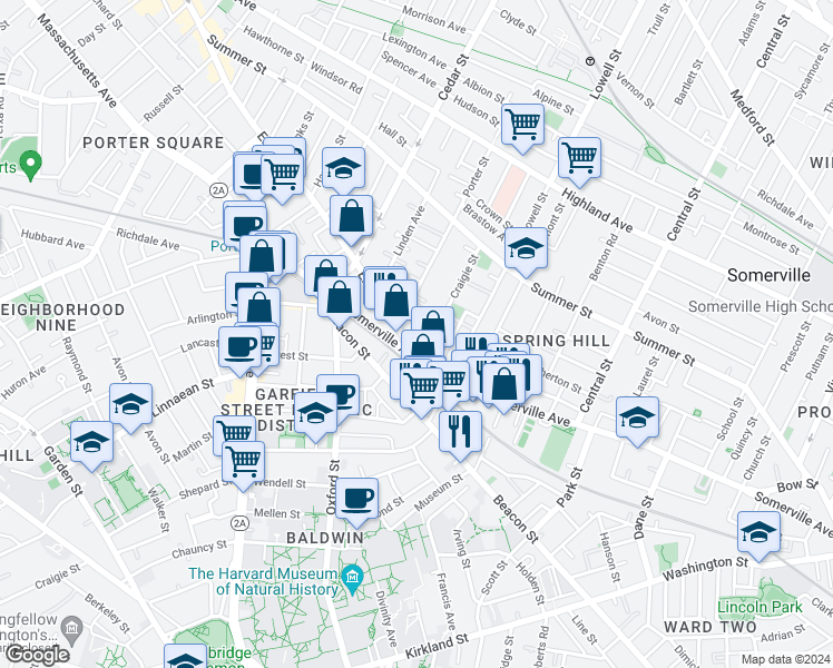 map of restaurants, bars, coffee shops, grocery stores, and more near 693 Somerville Avenue in Somerville