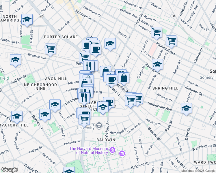 map of restaurants, bars, coffee shops, grocery stores, and more near 133 Oxford Street in Cambridge