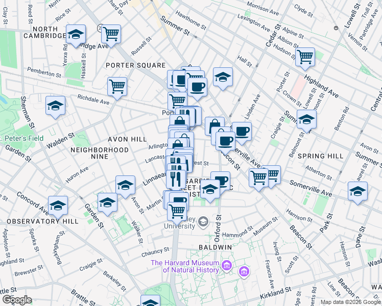 map of restaurants, bars, coffee shops, grocery stores, and more near 9 Forest Street in Cambridge