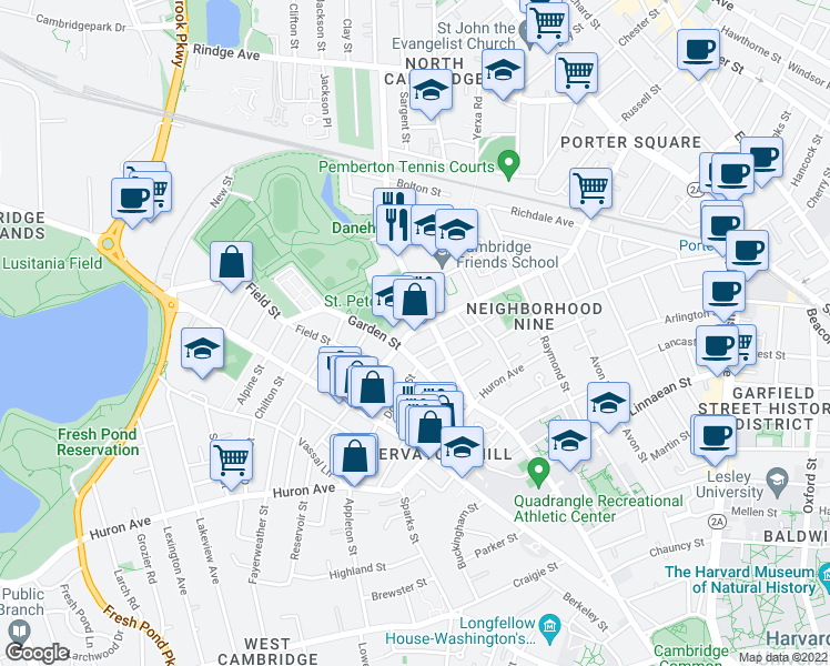 map of restaurants, bars, coffee shops, grocery stores, and more near 9 Stearns Street in Cambridge