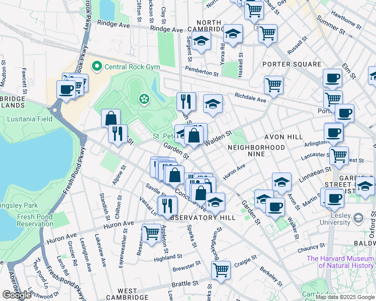 map of restaurants, bars, coffee shops, grocery stores, and more near 9 Stearns Street in Cambridge
