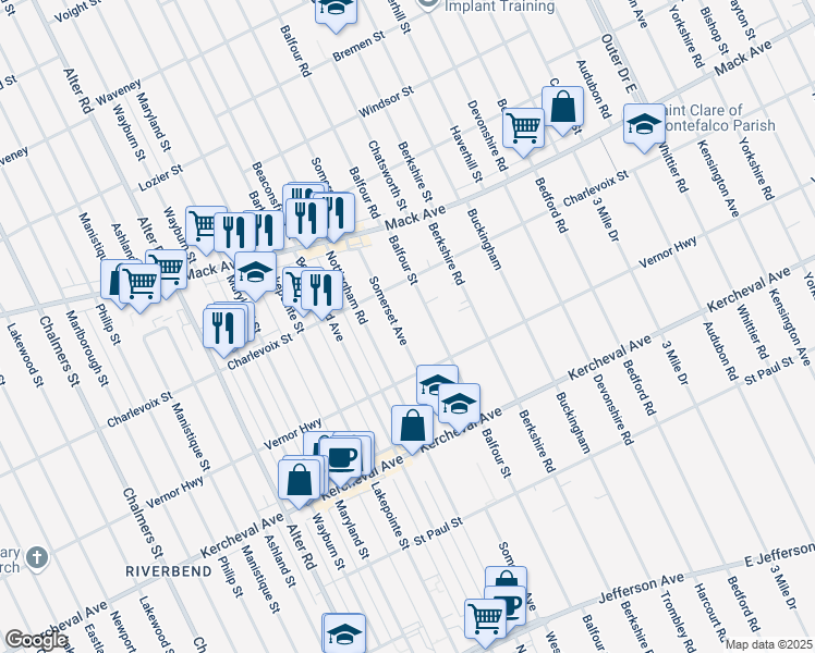 map of restaurants, bars, coffee shops, grocery stores, and more near 1330 Somerset Avenue in Grosse Pointe Park