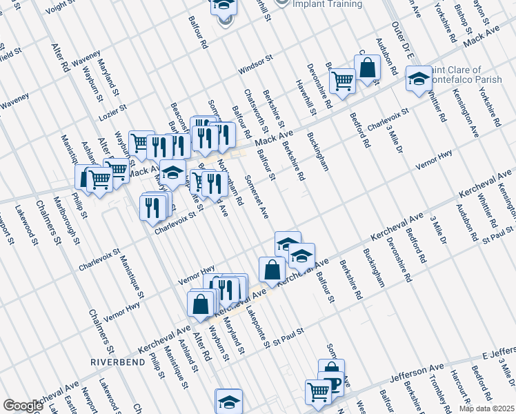 map of restaurants, bars, coffee shops, grocery stores, and more near 1346 Nottingham Road in Grosse Pointe Park