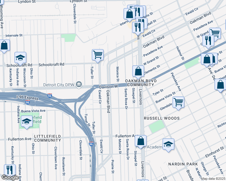 map of restaurants, bars, coffee shops, grocery stores, and more near 3091 Oakman Boulevard in Detroit