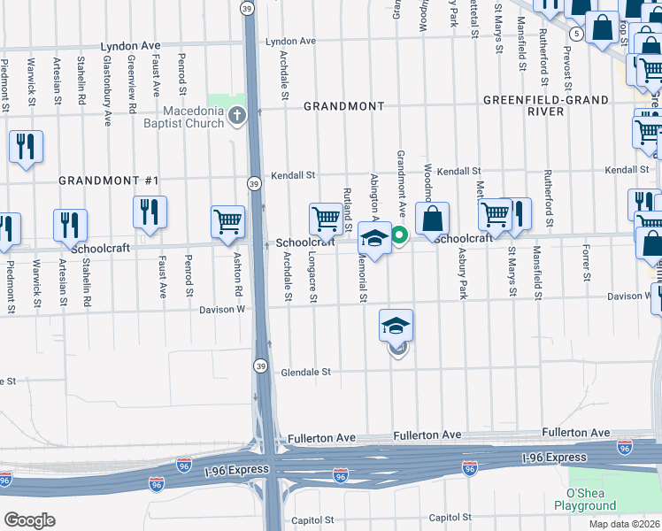 map of restaurants, bars, coffee shops, grocery stores, and more near 13565 Rutland Street in Detroit