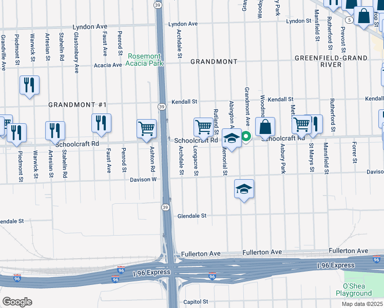 map of restaurants, bars, coffee shops, grocery stores, and more near 13575 Longacre Street in Detroit