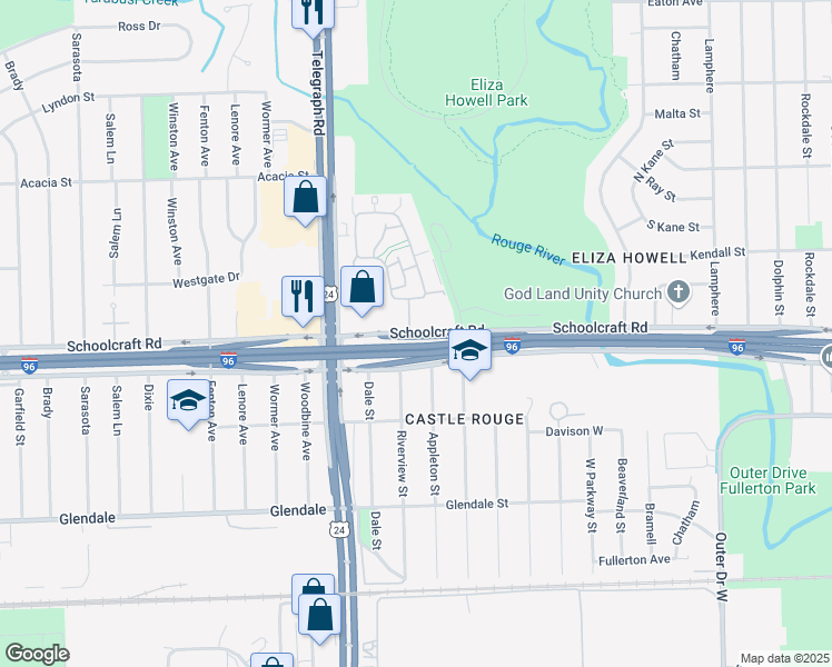 map of restaurants, bars, coffee shops, grocery stores, and more near 23654 Schoolcraft in Detroit