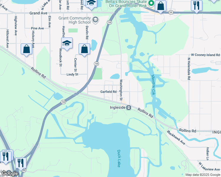 map of restaurants, bars, coffee shops, grocery stores, and more near 125 Adams Avenue in Fox Lake