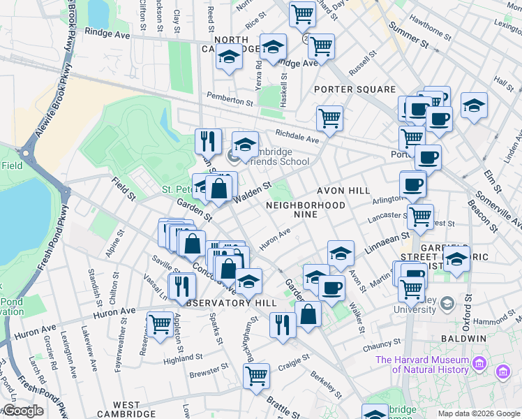 map of restaurants, bars, coffee shops, grocery stores, and more near 261 Upland Road in Cambridge