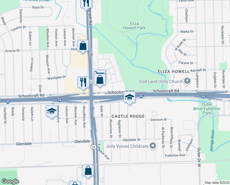 map of restaurants, bars, coffee shops, grocery stores, and more near 23654 Schoolcraft in Detroit